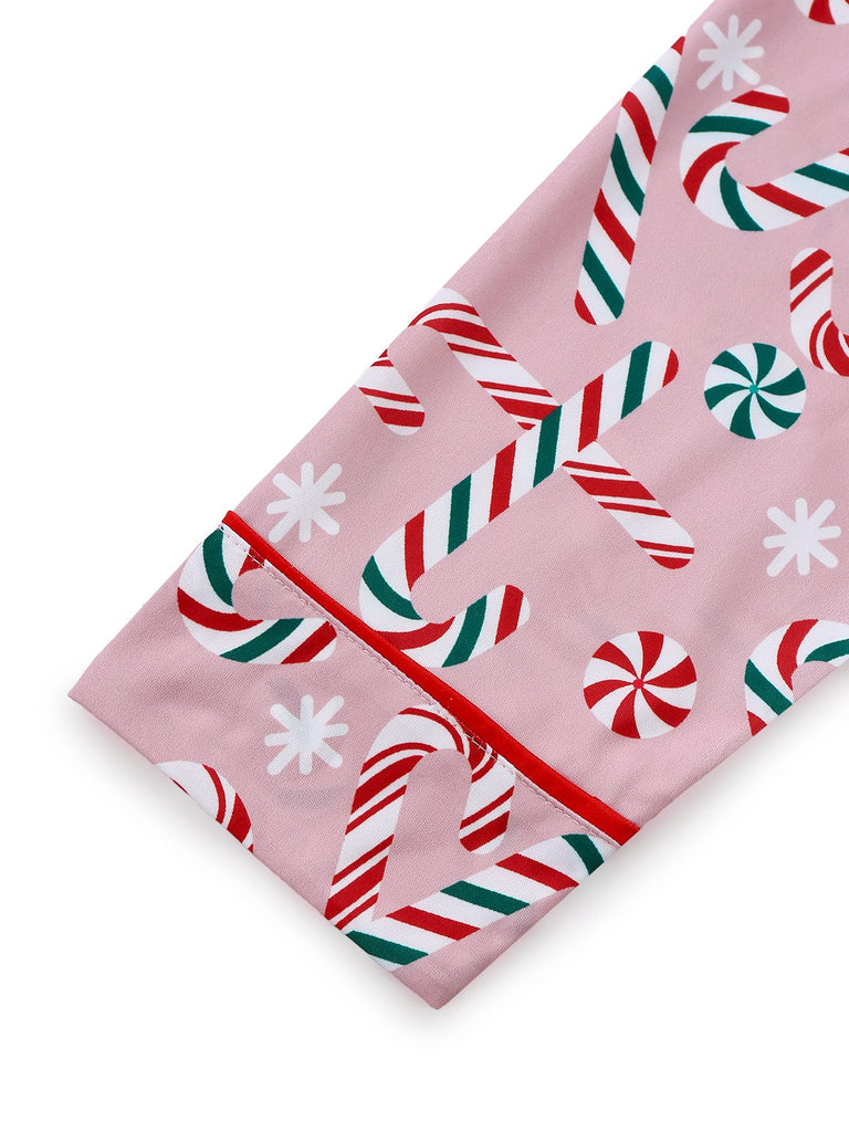 Ensemble pyjama long rose motif canne de Noël des années 1940