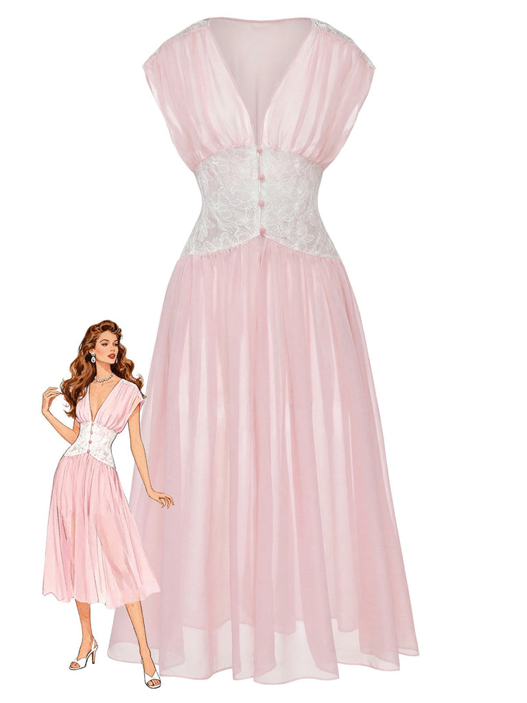 Robe de chambre rose en dentelle plissée et résille taille cintrée années 1930