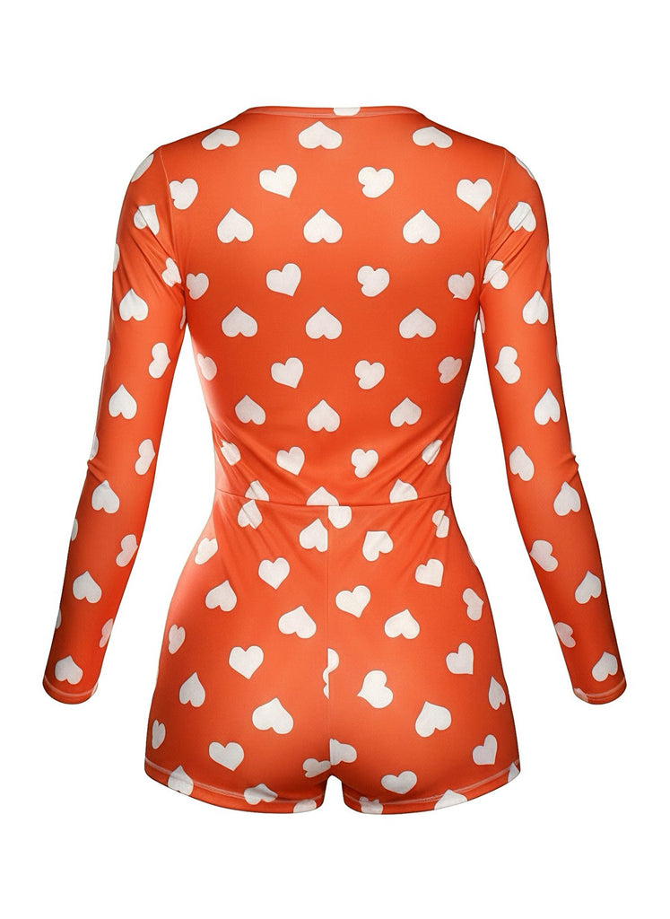 Combinaison pyjama col en V et imprimé cœur années 80