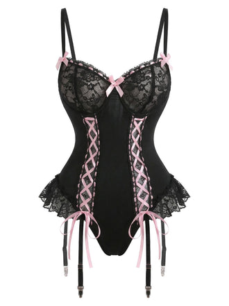 Ensemble de lingerie corset en dentelle noire avec bas résille années 1960