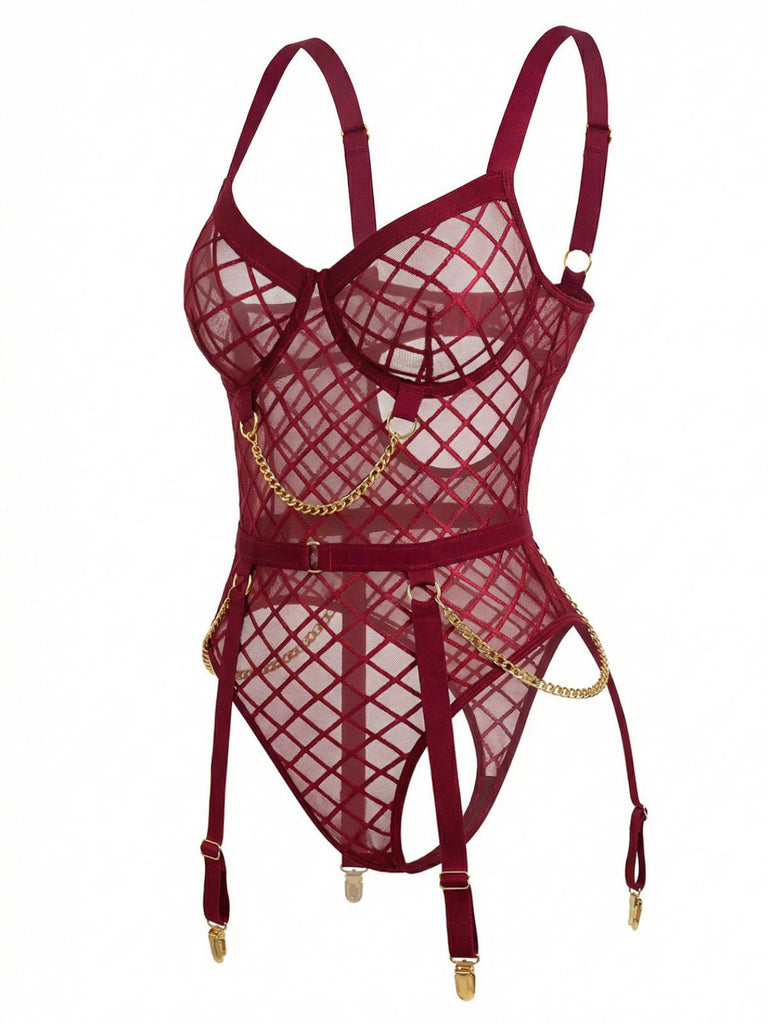 Lingerie en résille transparente à bretelles et chaînes années 1970