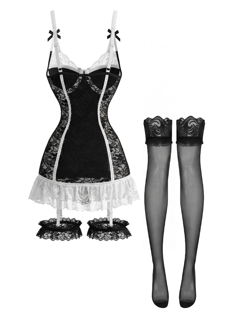 Ensemble lingerie de nuit noir en dentelle avec porte-jarretelles Années 1980 - 2
