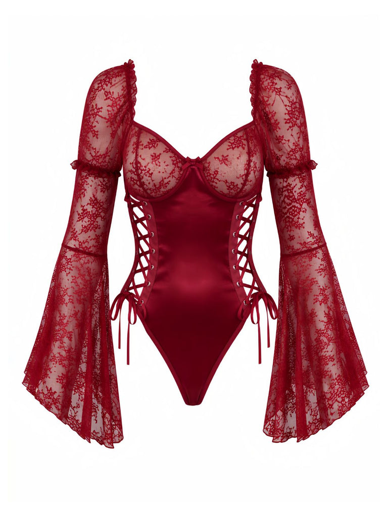 Body corset rouge en dentelle style victorien Années 1960 - 2
