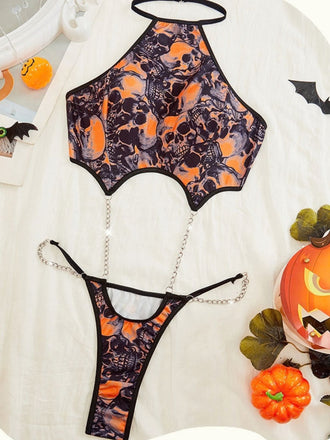 Body lingerie orange à col Halter, chaînes et crânes pour Halloween Années 1950 - 2