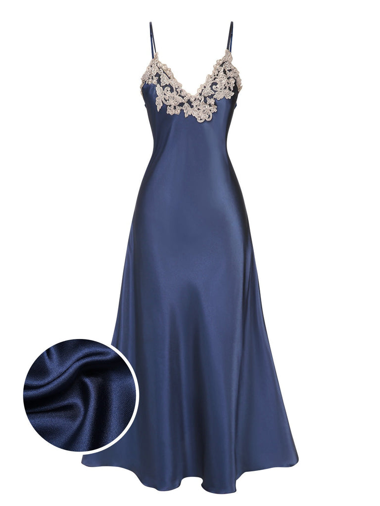Chemise de nuit bleue à bretelles en faux satin années 1930