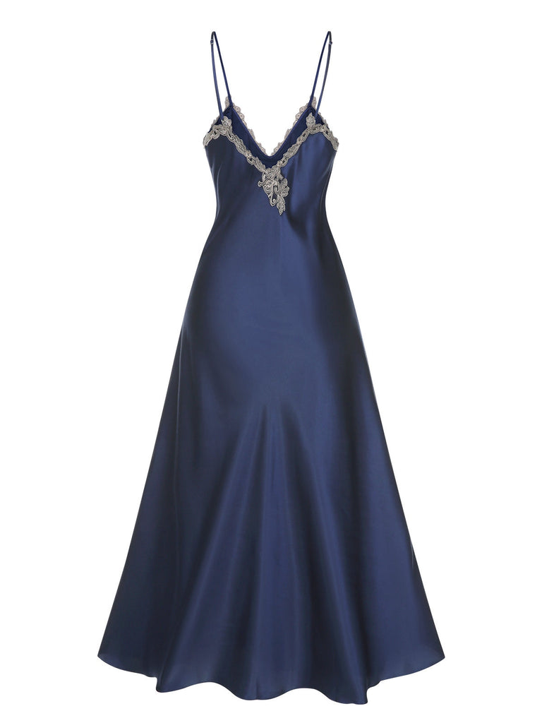 Chemise de nuit bleue à bretelles en faux satin années 1930