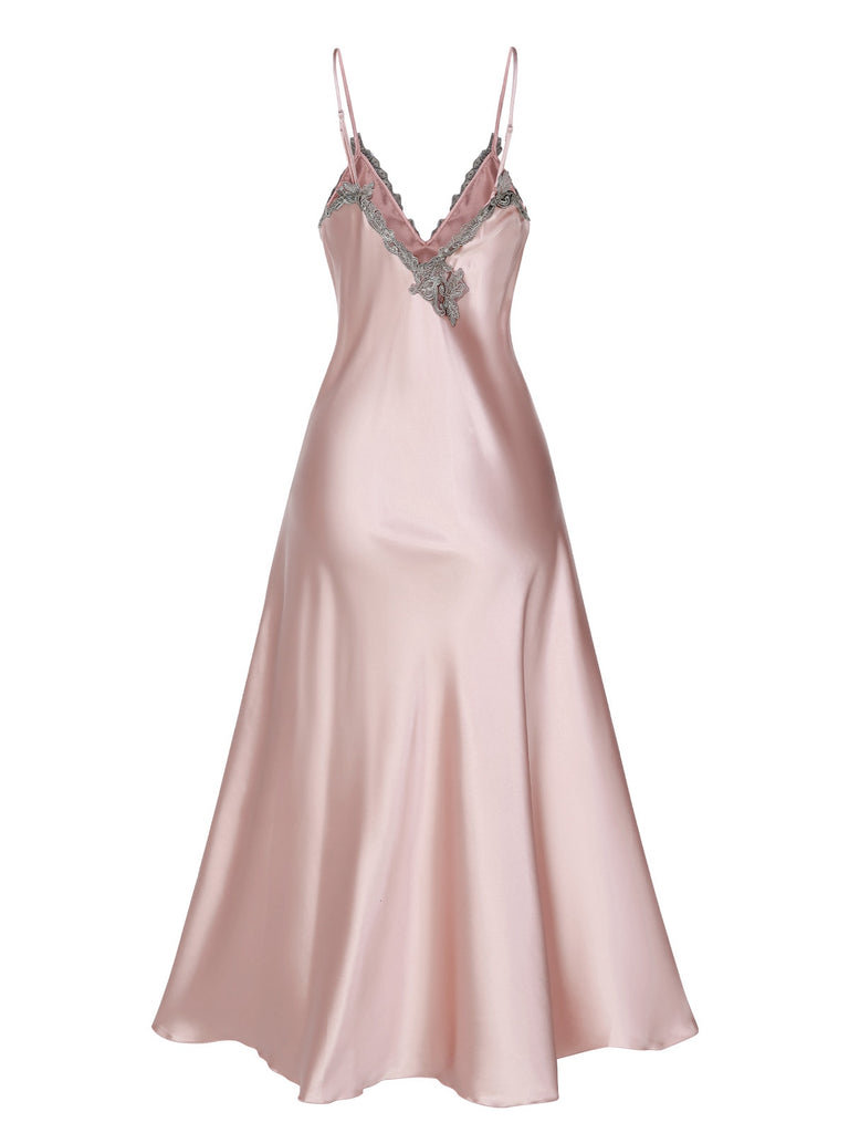 [Prévente] Chemise de nuit rose à bretelles satin brodé années 1930