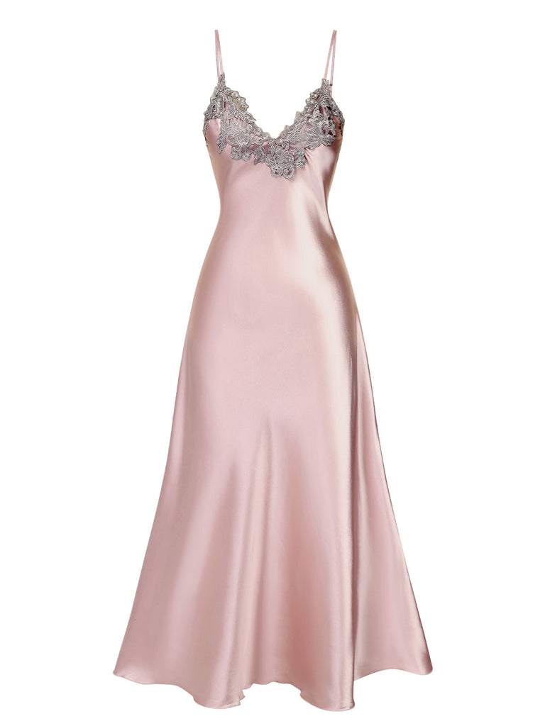 [Prévente] Chemise de nuit rose à bretelles satin brodé années 1930
