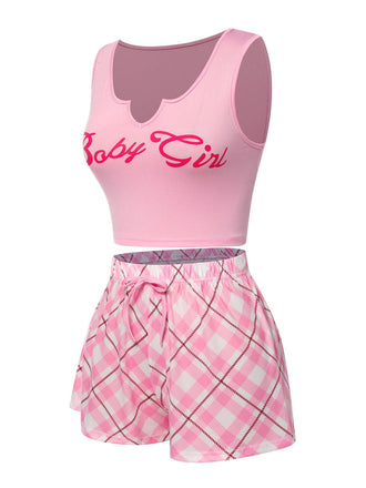 Pyjama débardeur rose et short à carreaux des années 1970