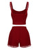 Pyjama rouge à bretelles avec bordure en dentelle des années 1970