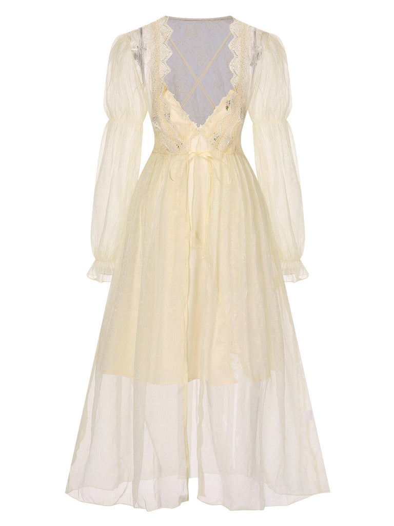 2PCS Chemise de nuit et peignoir fendus bretelles florales 1950s