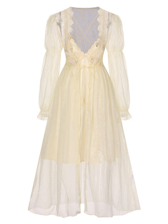 2PCS Chemise de nuit et peignoir fendus à bretelles florales abricot années 1950