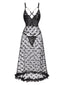 Chemise de nuit noire à bretelles spaghetti en dentelle et cœur des années 1950