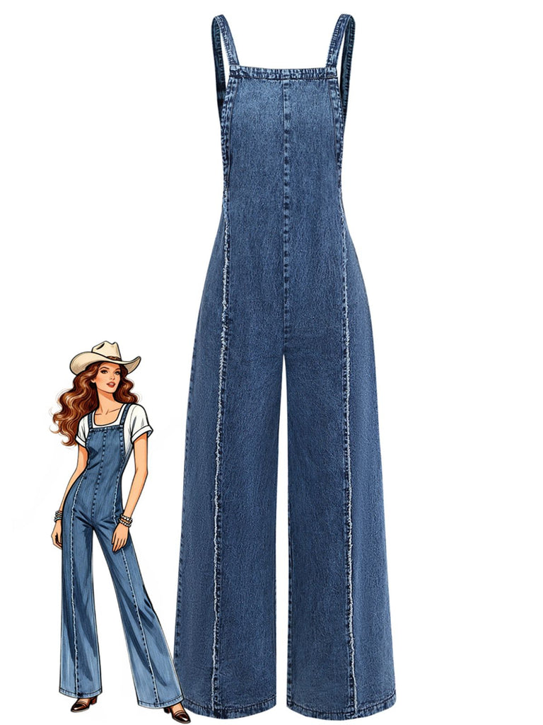 Bleu Denim Jambes Larges Overalls Frayed Combinaison Années 1970