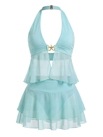 Tankini Turquoise Mousseline Halter à Volants Années 1950