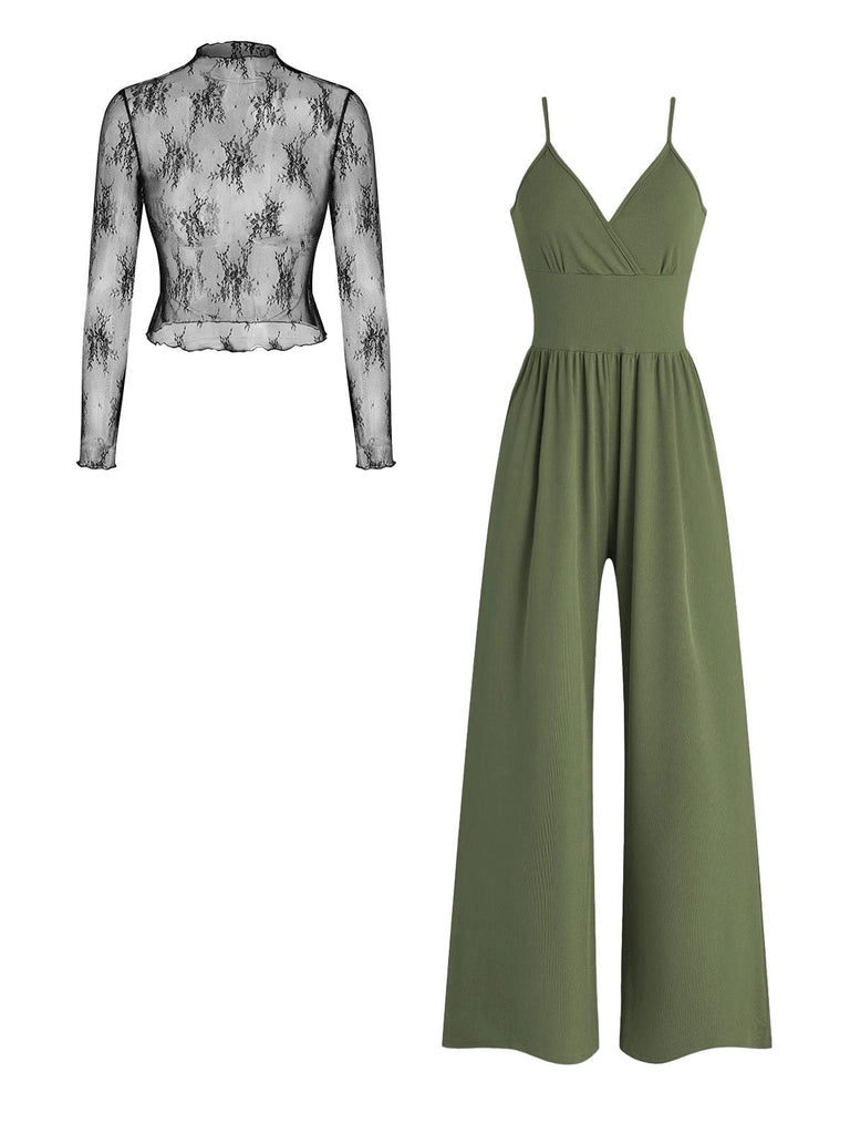 Ensemble deux pièces composé d'un haut en dentelle et d'une combinaison pantalon à jambes larges, dans un vert olive sophistiqué.