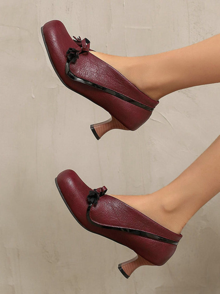 Chaussures rétro à nœud en PU, bout rond et talon compensé