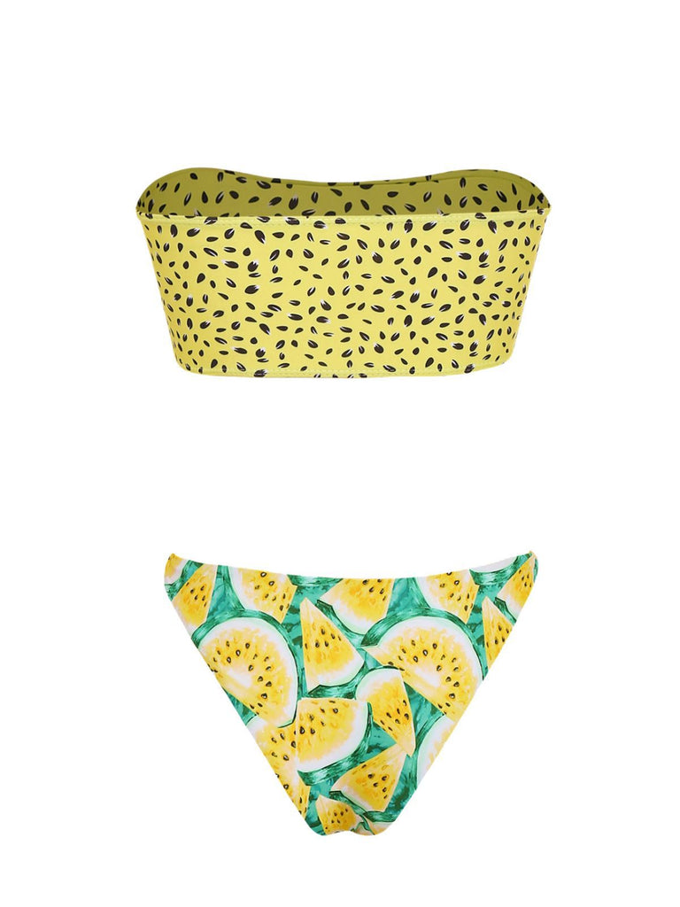 Back: Yellow 1970s Kiwi Print Bandeau Bikini Set, retro fashion design, perfect for vintage fashion lovers