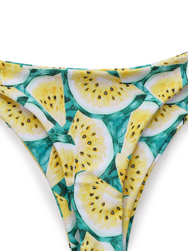 Detail: Yellow 1970s Kiwi Print Bandeau Bikini Set, vintage charm, perfect for vintage fashion lovers
