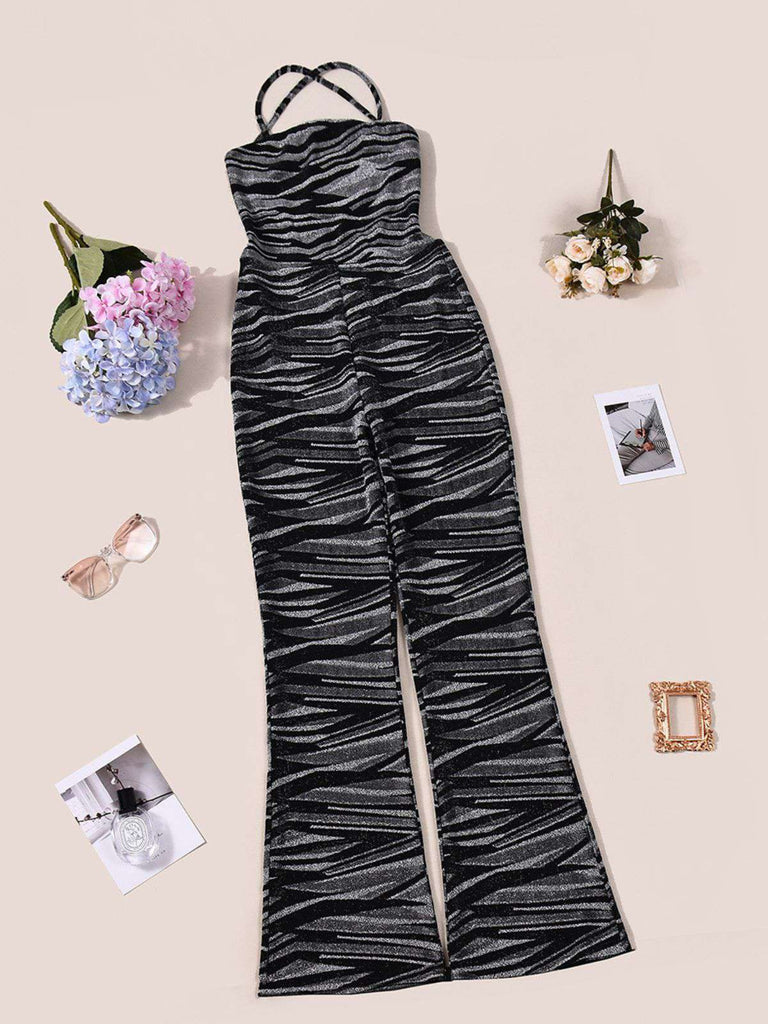 Zebra Print Halter Backless Jumpsuit