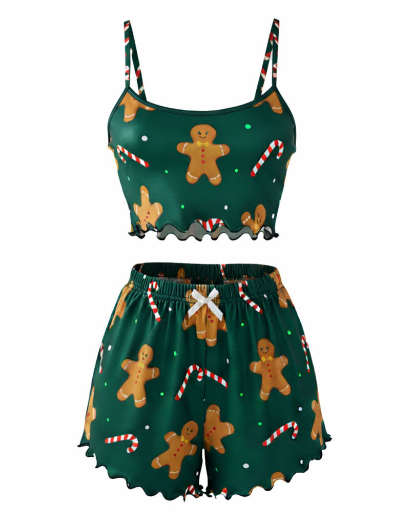 Ensemble pyjama en satin verte à pain d'épice et bonbons années 1970