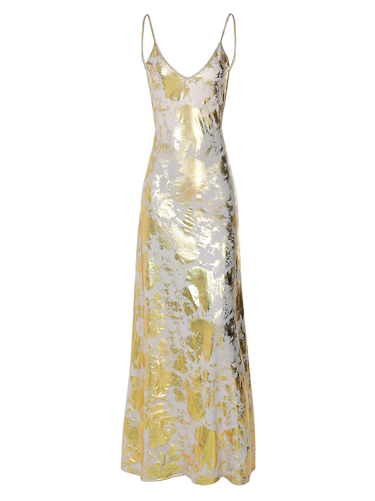 Robe dorée à fines bretelles et col en V en imprimé métallisé années 1980