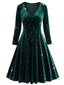 Robe en velours col en V et étoiles vert foncé des années 1940