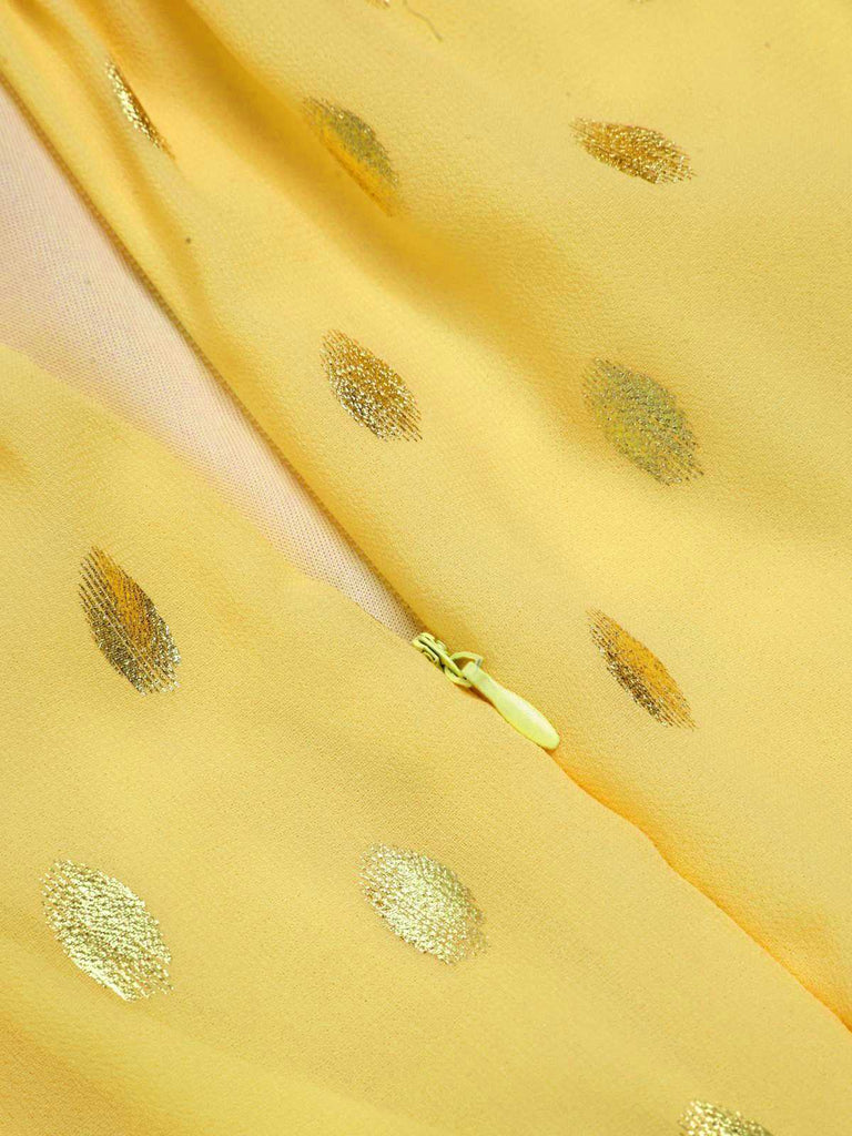 Robe jaune à pois et dentelle patchwork des années 1950