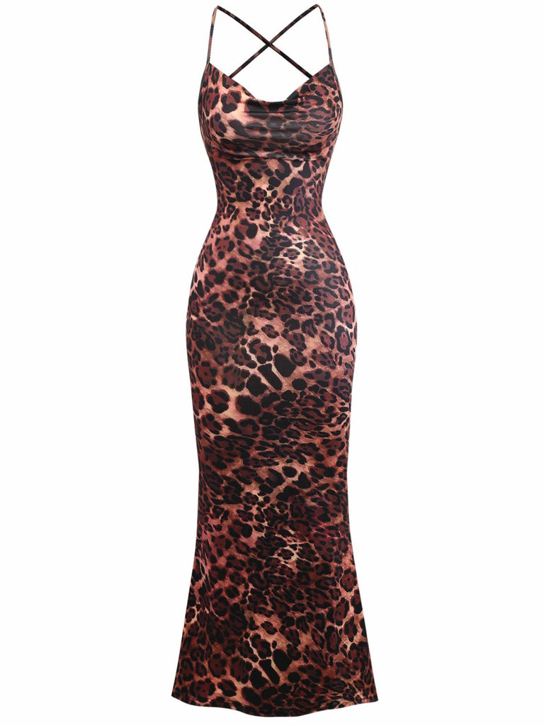 Robe à bretelles spaghetti dos nu à imprimé léopard années 1930
