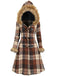 Manteau à capuche à carreaux et bordure en fausse fourrure années 1940