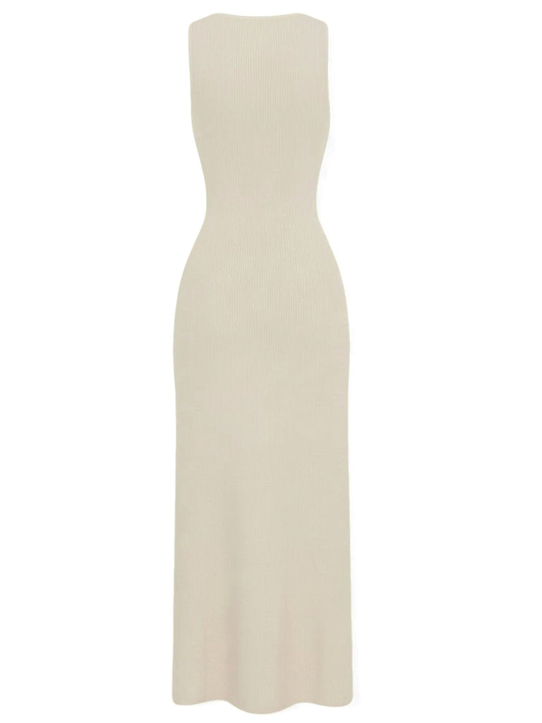 Robe tricotée unie sans manches simple boutonnage années 1960