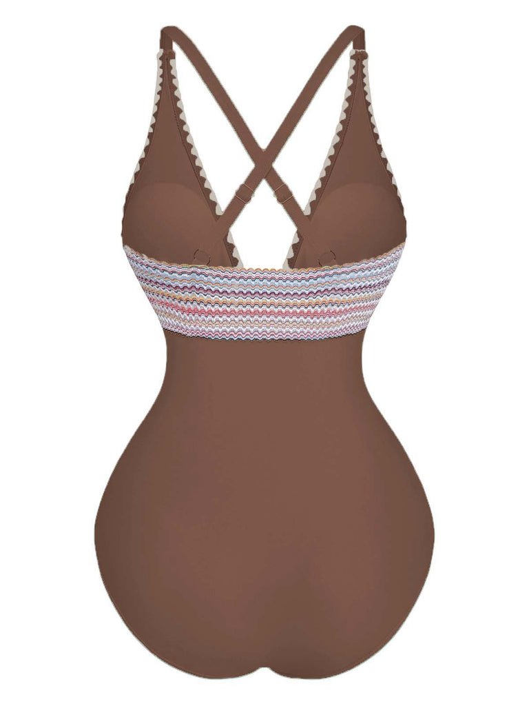Maillot De Bain Une Pièce Col V Profond Ondulé Patchwork Année 1940