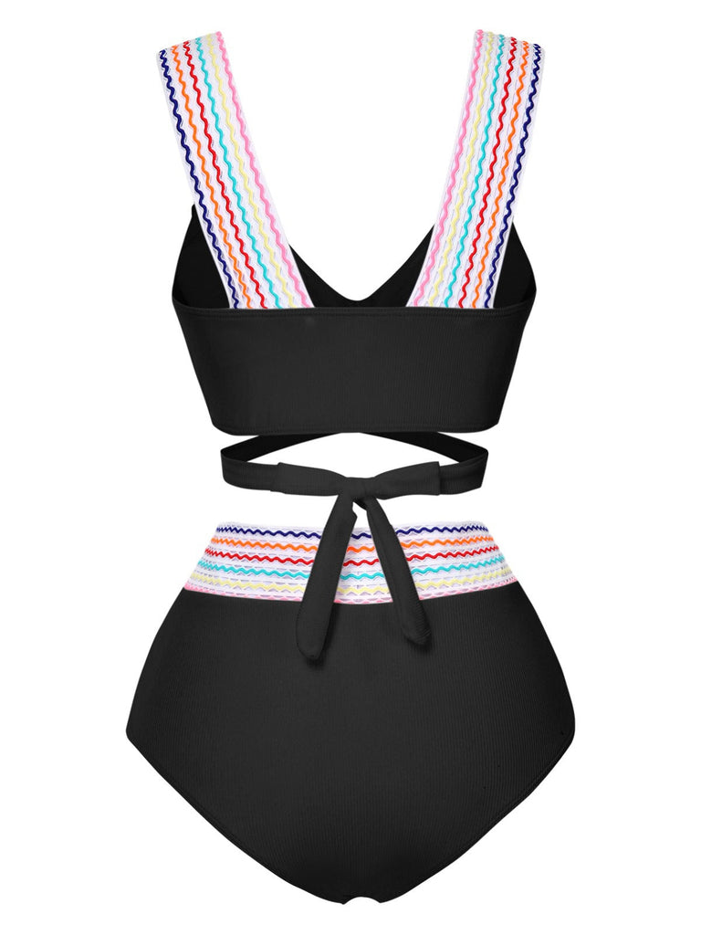 Ensemble bikini à bretelles larges noué dans le dos colorblock des années 1940