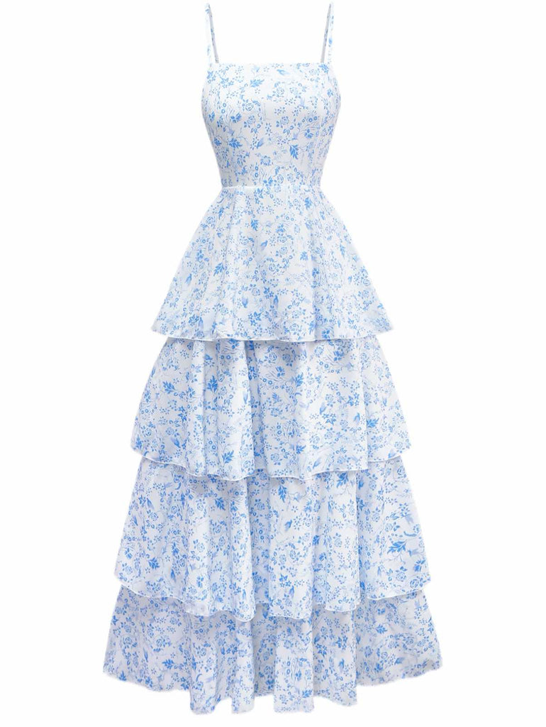 Robe fleurie à volants bretelles ourlet superposé bleues années 1970