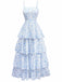 Robe fleurie à volants bretelles ourlet superposé bleues années 1970