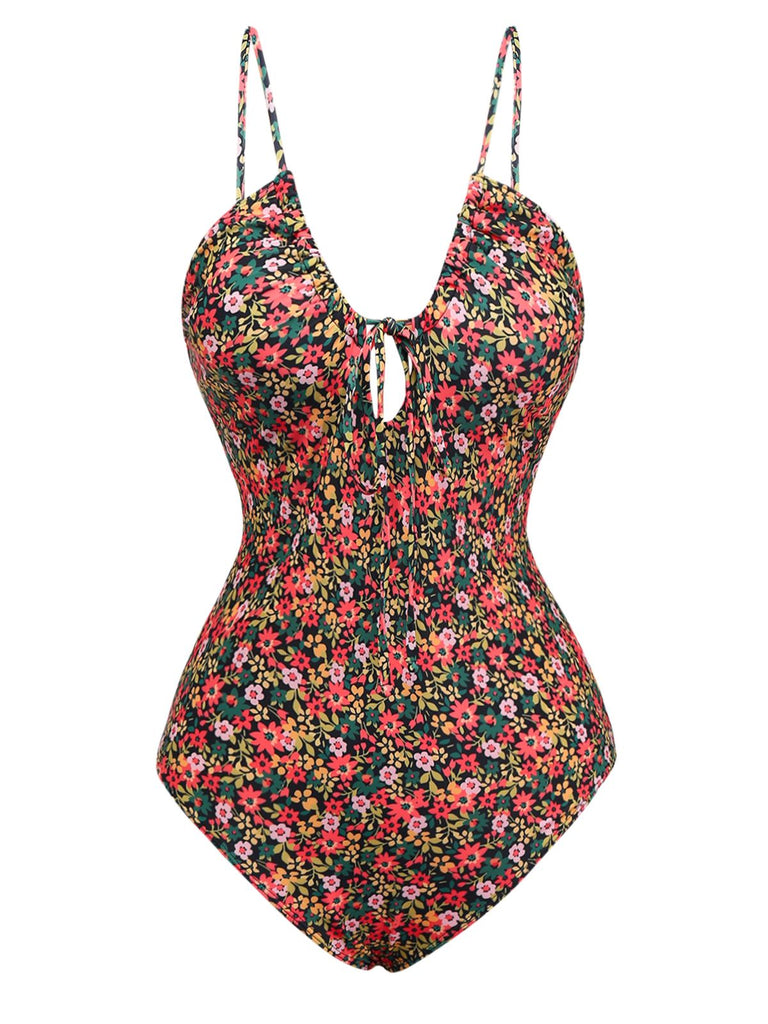 Maillot de bain une pièce à bretelles et cordons floraux des années 1930