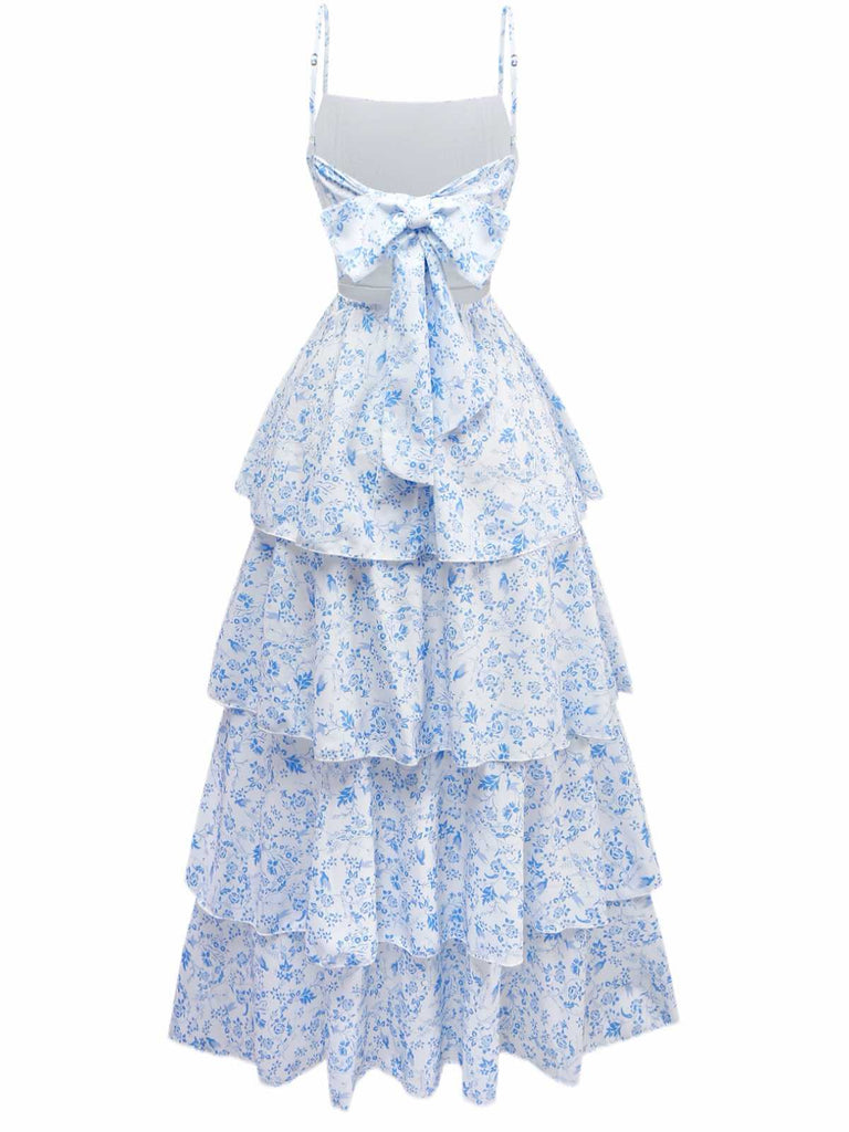 Robe fleurie à volants bretelles ourlet superposé bleues années 1970