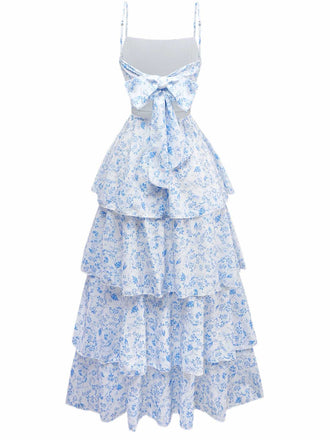 Robe fleurie à volants bretelles ourlet superposé bleues années 1970