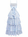 Robe fleurie à volants bretelles ourlet superposé bleues années 1970