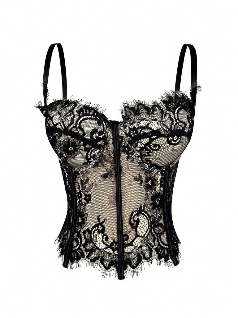 Haut court Corset steampunk noir en dentelle bretelles années 1980
