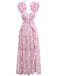 Robe fleurie rose découpée à volants col en V profond des années 1970