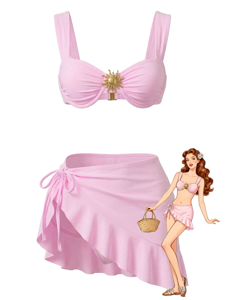 3PCS Uni Metal Sun Chaîne Accent Ensemble Bikini & Cache-Maillot Années 1950