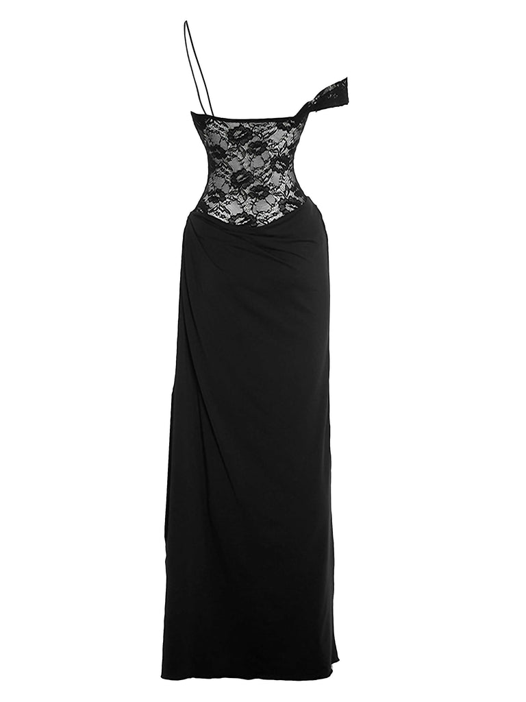 Side perspective of the black version of the lace-bodice maxi dress.