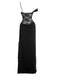 Side perspective of the black version of the lace-bodice maxi dress.