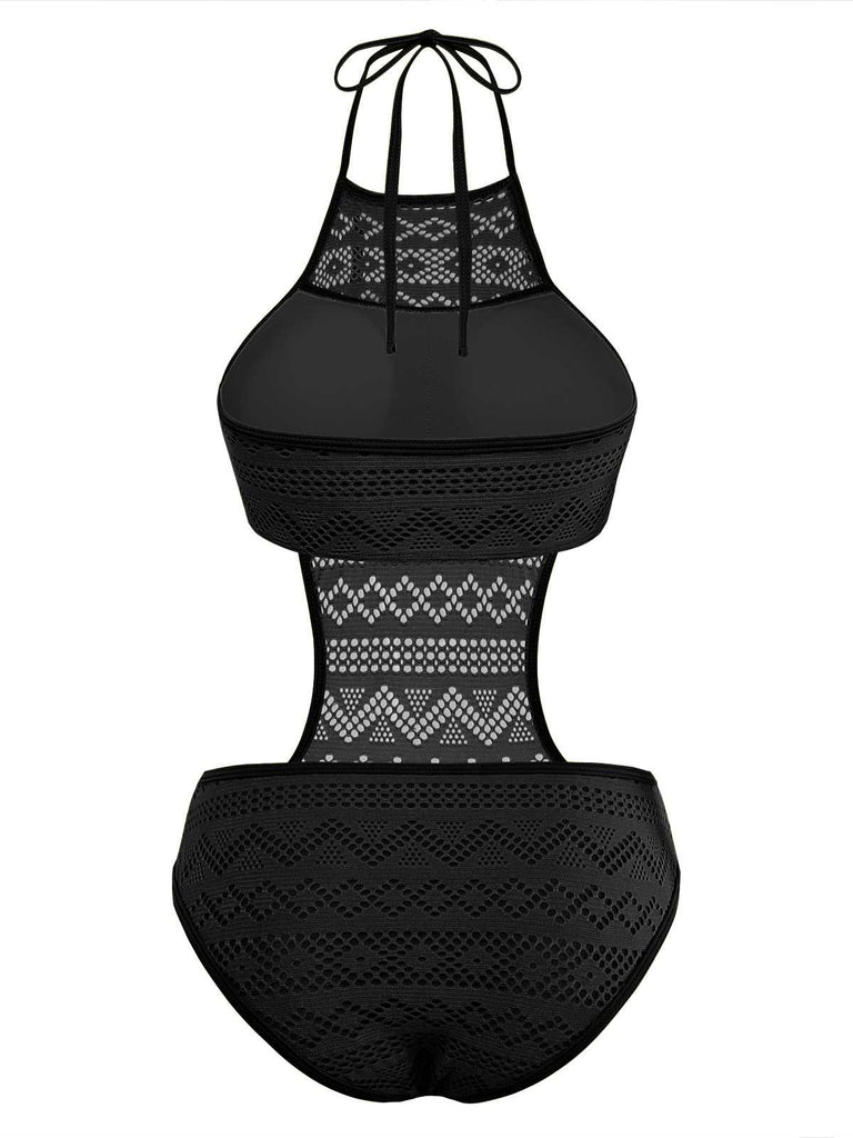 Back view of the black geometric lace monokini showing the halter ties and textured lace finish.