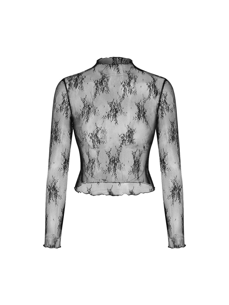 Rear view of the black lace top and cami jumpsuit set, showcasing the high collar and clean silhouette.