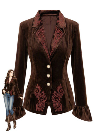 Blazer ajusté marron en velours à fleurs brodées et poignets évasés Années 1950 - 1