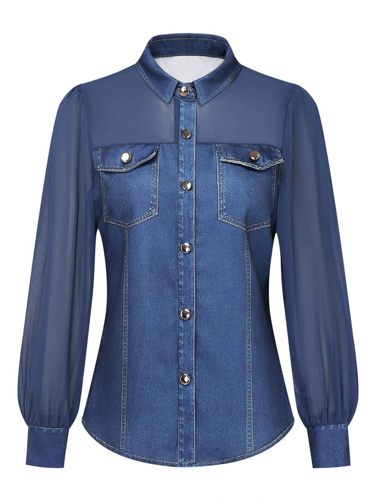 Blouse bleu marine en mousseline effet denim à col revers Années 1980 - 1