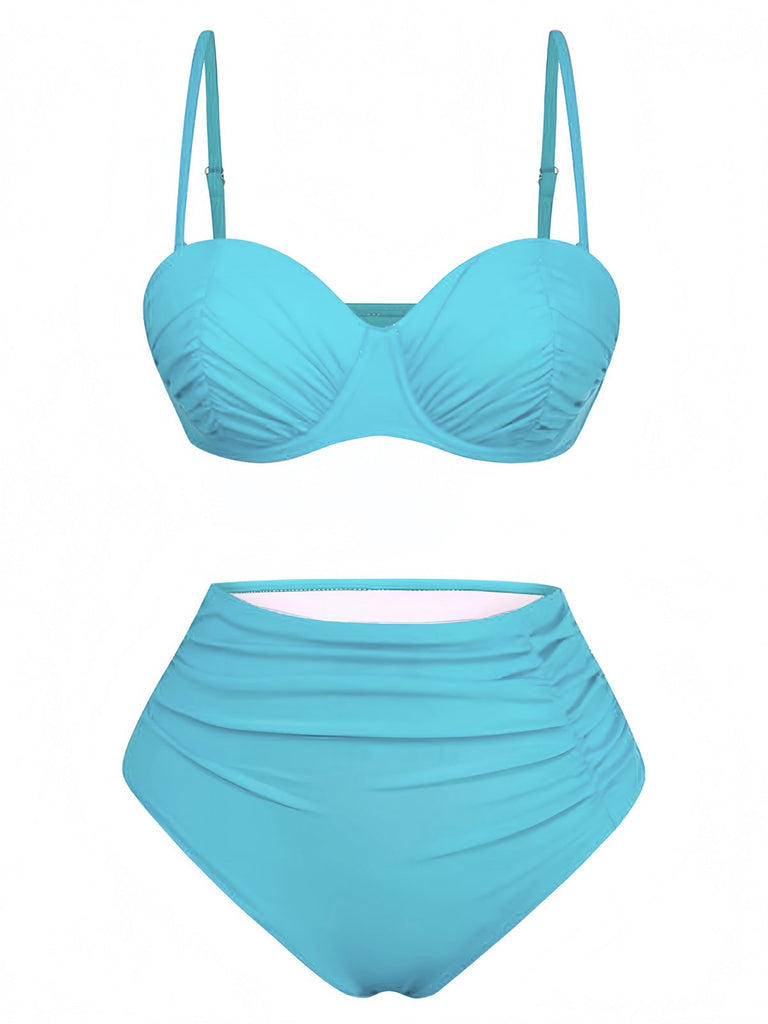 blue-1940s-High-Waisted-Ruched-Bikini-Set-front-view