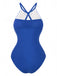 Blue swimsuit with white lace detailing on a white background